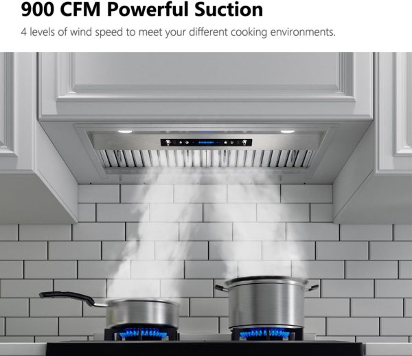 IKTCH 30 inch Built-in/Insert Range Hood 900 CFM, Ducted/Ductless Convertible Duct, Stainless Steel Kitchen Vent Hood with 2 Pcs Adjustable Lights and 2 Pcs Baffle Filters with Handlebar(IKB02-30'')