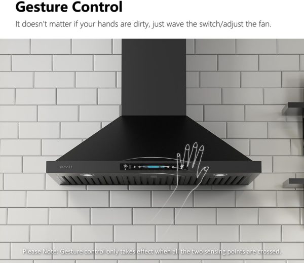 IKTCH 36 inch Black Wall Mount Range Hood, 900 CFM Ducted/Ductless Stainless Steel Vent Hood with Gesture Sensing & Touch Control Switch Panel, 2 Pcs Adjustable Lights(IKP02-36-BSS)