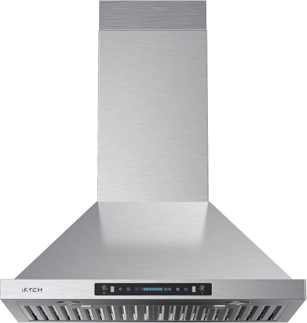 IKTCH 36 inch Wall Mount Range Hood, 390 CFM Low Noise Kitchen Vent Hood, Ducted/Ductless Convertible, Kitchen Chimney Vent Stainless Steel with Gesture Sensing & Touch Control Switch Panel