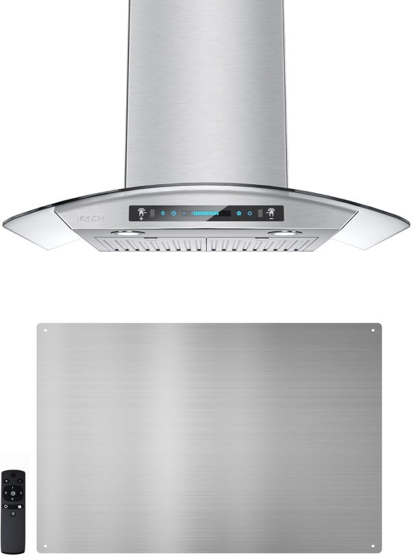 IKTCH 30-inch Wall Mount Range Hood & Stainless Steel Backsplash, Tempered Glass 900 CFM, Kitchen Chimney Vent Stainless Steel with Gesture Sensing & Touch Control Switch Panel