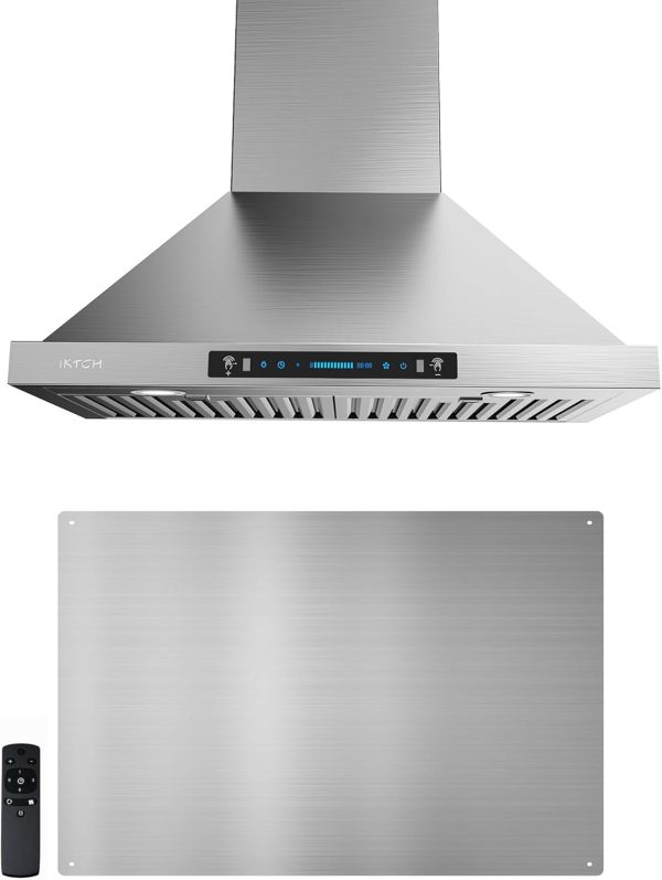 IKTCH 30-inch Wall Mount Range Hood & Stainless Steel Backsplash, 900 CFM Ducted/Ductless Convertible, Kitchen Chimney Vent Stainless Steel with Gesture Sensing & Touch Control Switch Panel