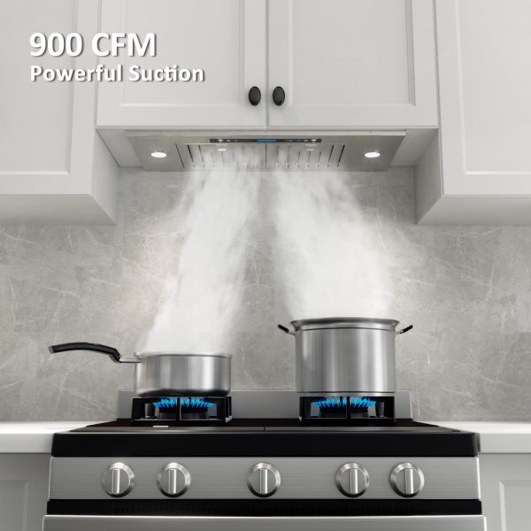 IKTCH 30 inch Built-in/Insert Range Hood & Stainless Steel Backsplash, 900 CFM, Ducted/Ductless Convertible Duct, Stainless Steel Kitchen Vent Hood with 4 Speed Gesture Sensing&Touch Control Panel