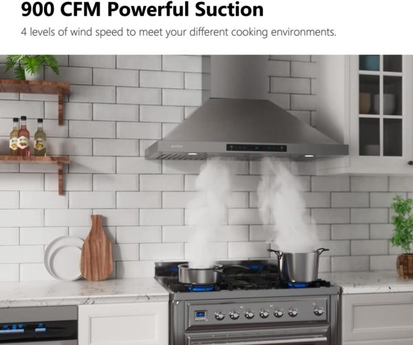 IKTCH 30-inch Wall Mount Range Hood & Stainless Steel Backsplash, 900 CFM Ducted/Ductless Convertible, Kitchen Chimney Vent Stainless Steel with Gesture Sensing & Touch Control Switch Panel