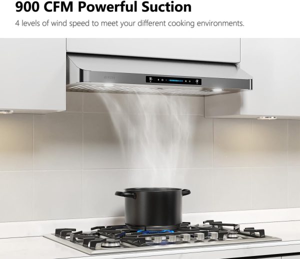 IKTCH 30 Inch Under Cabinet Range Hood with 900-CFM, 4 Speed Gesture Sensing&Touch Control Panel, Stainless Steel Kitchen Vent with 2 Pcs Baffle Filters(IKC01-30)