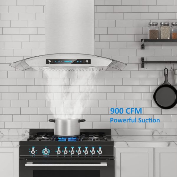 IKTCH 30-inch Wall Mount Range Hood & Stainless Steel Backsplash, Tempered Glass 900 CFM, Kitchen Chimney Vent Stainless Steel with Gesture Sensing & Touch Control Switch Panel