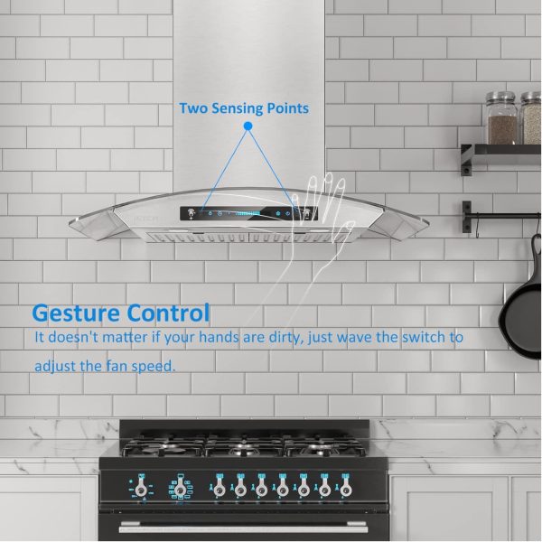 IKTCH 30-inch Wall Mount Range Hood & Stainless Steel Backsplash, Tempered Glass 900 CFM, Kitchen Chimney Vent Stainless Steel with Gesture Sensing & Touch Control Switch Panel