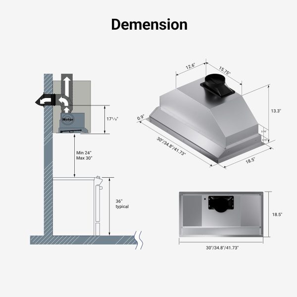 IKTCH 30 inch Built-in/Insert Range Hood 900 CFM, Ducted/Ductless Convertible Duct, Stainless Steel Kitchen Vent Hood with 2 Pcs Adjustable Lights and 2 Pcs Baffle Filters with Handlebar(IKB02-30'')