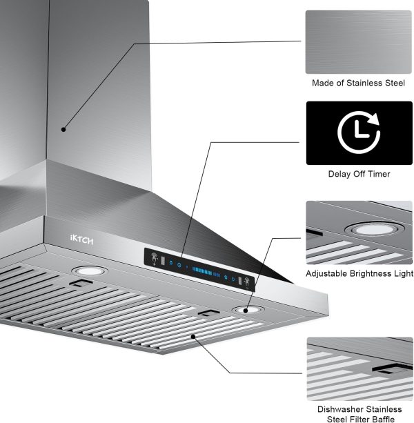IKTCH 30-inch Wall Mount Range Hood 900 CFM Ducted/Ductless Convertible, Kitchen Chimney Vent Stainless Steel with Gesture Sensing & Touch Control Switch Panel, 2 Pcs Adjustable Lights(IKP02-30'')