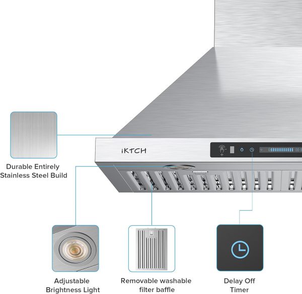 IKTCH 36 inch Wall Mount Range Hood, 390 CFM Low Noise Kitchen Vent Hood, Ducted/Ductless Convertible, Kitchen Chimney Vent Stainless Steel with Gesture Sensing & Touch Control Switch Panel