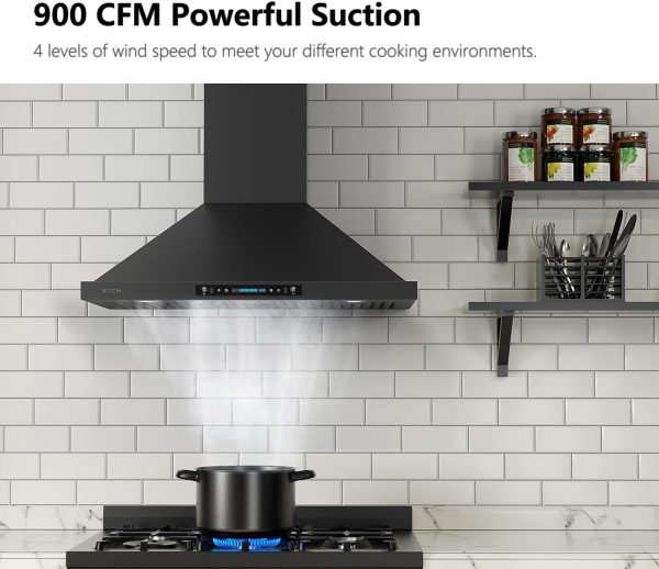 IKTCH 36 inch Black Wall Mount Range Hood, 900 CFM Ducted/Ductless Stainless Steel Vent Hood with Gesture Sensing & Touch Control Switch Panel, 2 Pcs Adjustable Lights(IKP02-36-BSS)