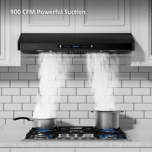 IKTCH 30 inch Range Hood 900 CFM, Black Under Cabinet Kitchen Vent Hood with 4 Speed Gesture Sensing&Touch Control Panel