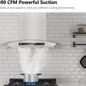IKTCH 30-inch Wall Mount Range Hood Tempered Glass 900 CFM, Kitchen Chimney Vent Stainless Steel with Gesture Sensing & Touch Control Switch Panel, 2 Pcs Adjustable Lights(IKP03-30)