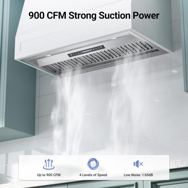 IKTCH 42 inch Built-in/Insert Range Hood 900 CFM, Ducted/Ductless Convertible Duct, Stainless Steel Kitchen Vent Hood with 2 Pcs Adjustable Lights and 3 Pcs Baffle Filters with Handlebar(IKB02-42'')