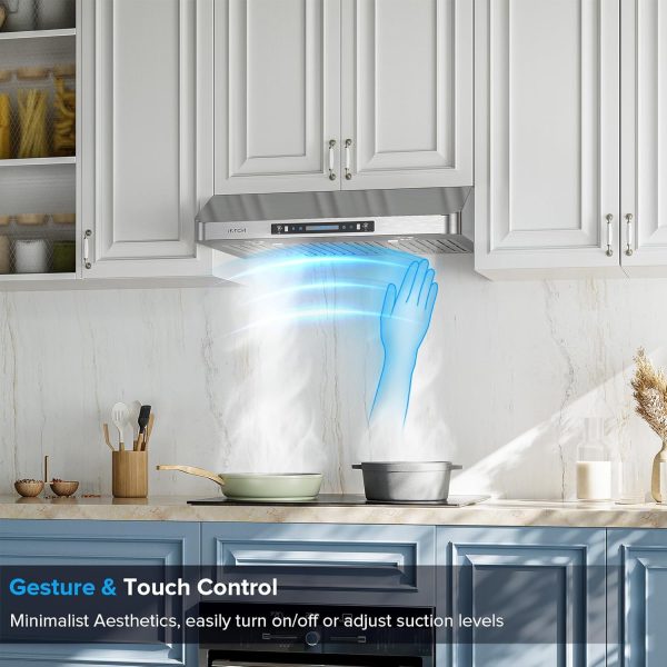 IKTCH Under Cabinet Range Hood 30 Inch, 390-CFM Ducted Kitchen Vent Hood with 2 LED Light, 4 Speed Gesture & Touch & Remote Control, Silver Stainless Steel, with 2 Pcs Baffle Filter