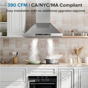IKTCH 36 inch Wall Mount Range Hood, 390 CFM Low Noise Kitchen Vent Hood, Ducted/Ductless Convertible, Kitchen Chimney Vent Stainless Steel with Gesture Sensing & Touch Control Switch Panel