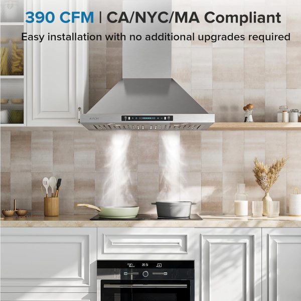 IKTCH 36 inch Wall Mount Range Hood, 390 CFM Low Noise Kitchen Vent Hood, Ducted/Ductless Convertible, Kitchen Chimney Vent Stainless Steel with Gesture Sensing & Touch Control Switch Panel