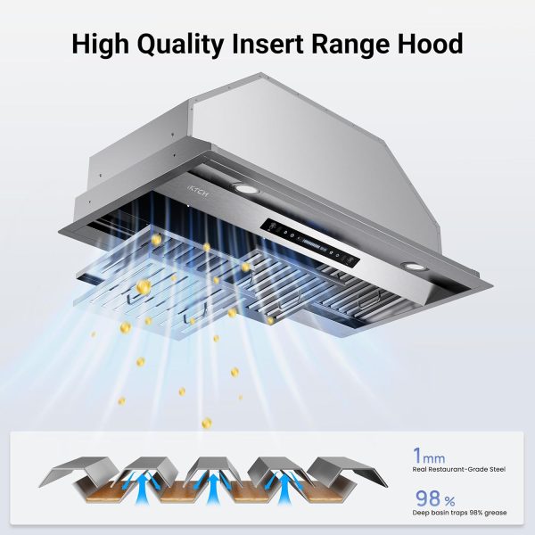 IKTCH 42 inch Built-in/Insert Range Hood 900 CFM, Ducted/Ductless Convertible Duct, Stainless Steel Kitchen Vent Hood with 2 Pcs Adjustable Lights and 3 Pcs Baffle Filters with Handlebar(IKB02-42'')
